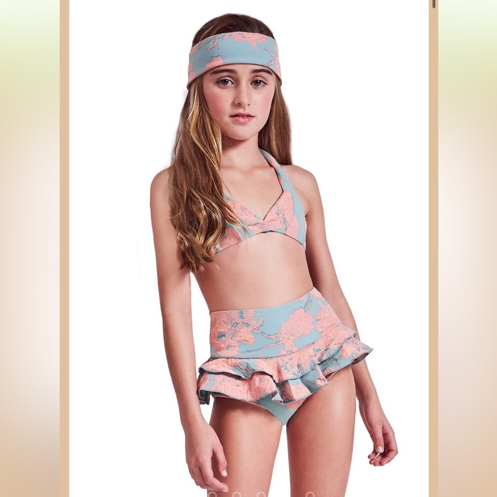 Alexis Pink & blue Floral-Trim Swimwear Top & ruffle bikini bottom set 12